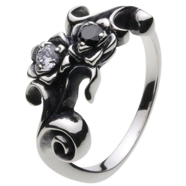 cenote r0250 【シルバーアクセサリー】 ダブルローズリング ホワイトジルコニア ブラックジルコニア