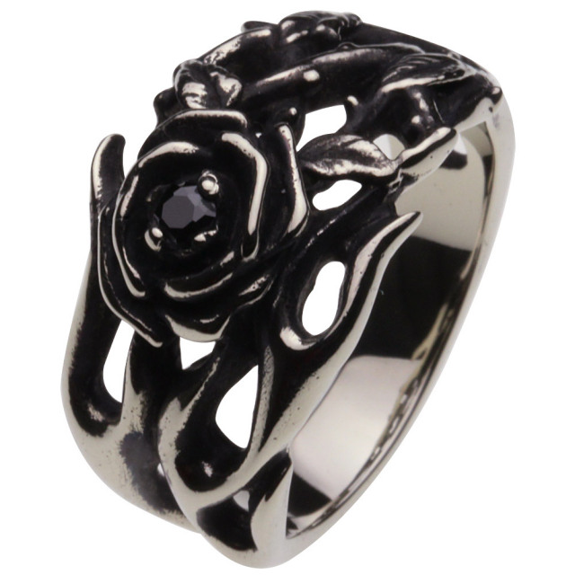 cenote r5041 【ホワイトメタルアクセサリー】 ローズリング ブラックジルコニア