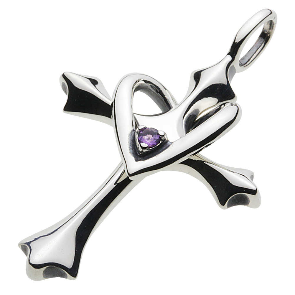 cenote p0377am 【シルバーアクセサリー】 誕生石クロスハートペンダント アメジスト 2月