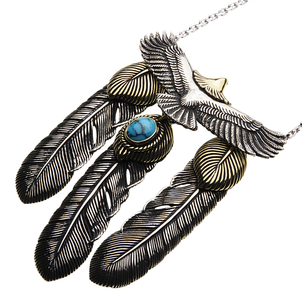 cenote p3013 【ホワイトメタルアクセサリー】 イーグルフェザーネックレス ブルーターコイズ