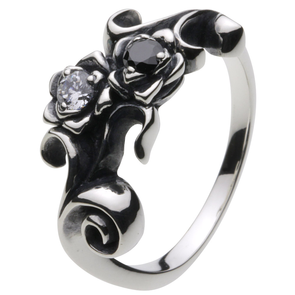 cenote r0250 【シルバーアクセサリー】 ダブルローズリング ホワイトジルコニア ブラックジルコニア