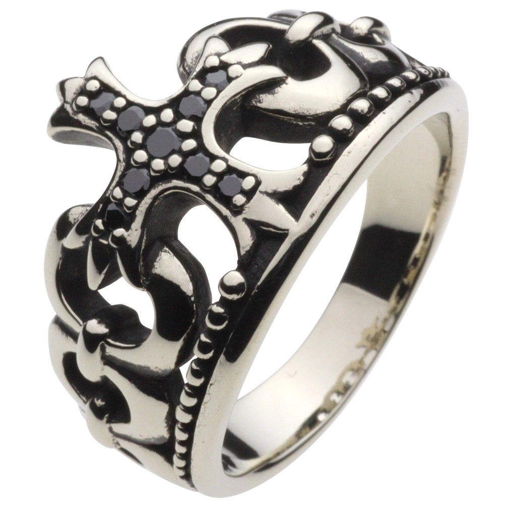 cenote r5020 【ホワイトメタルアクセサリー】 ゴシッククラウンリング ブラックジルコニア