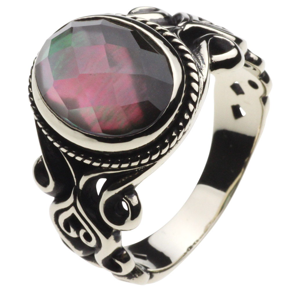 cenote r5022 【ホワイトメタルアクセサリー】 シェルチェッカーリング ブラックシェル クォーツ