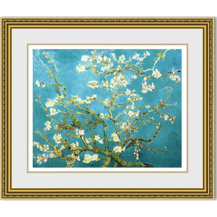 【おすすめ豪華額装】ゴッホ 花咲くアーモンドの枝 面金加工ゴールドと麻布マット、UVカットアクリル仕様