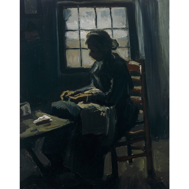 ゴッホ、バターをつくる女、希少な額装用画集より、新品高級額装付 オーダー油絵 】ゴッホ 縫い物をする女性 【選べるサイズ／選べる額縁付】