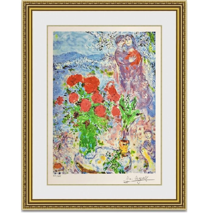 【人気作品】シャガール 赤い薔薇と恋人たち 額縁付き