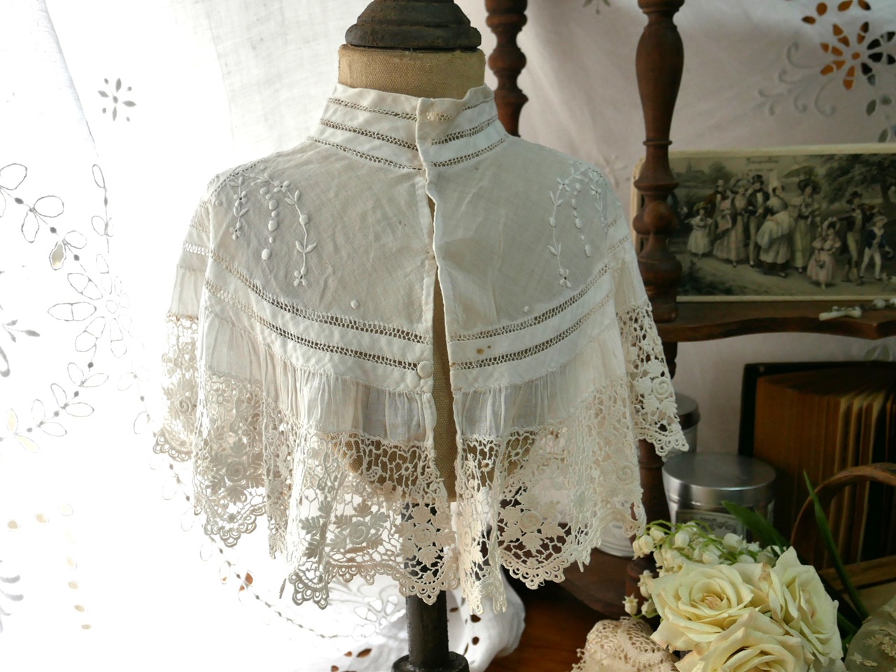 アンティークハンドメイドホワイトコットンレースカラー