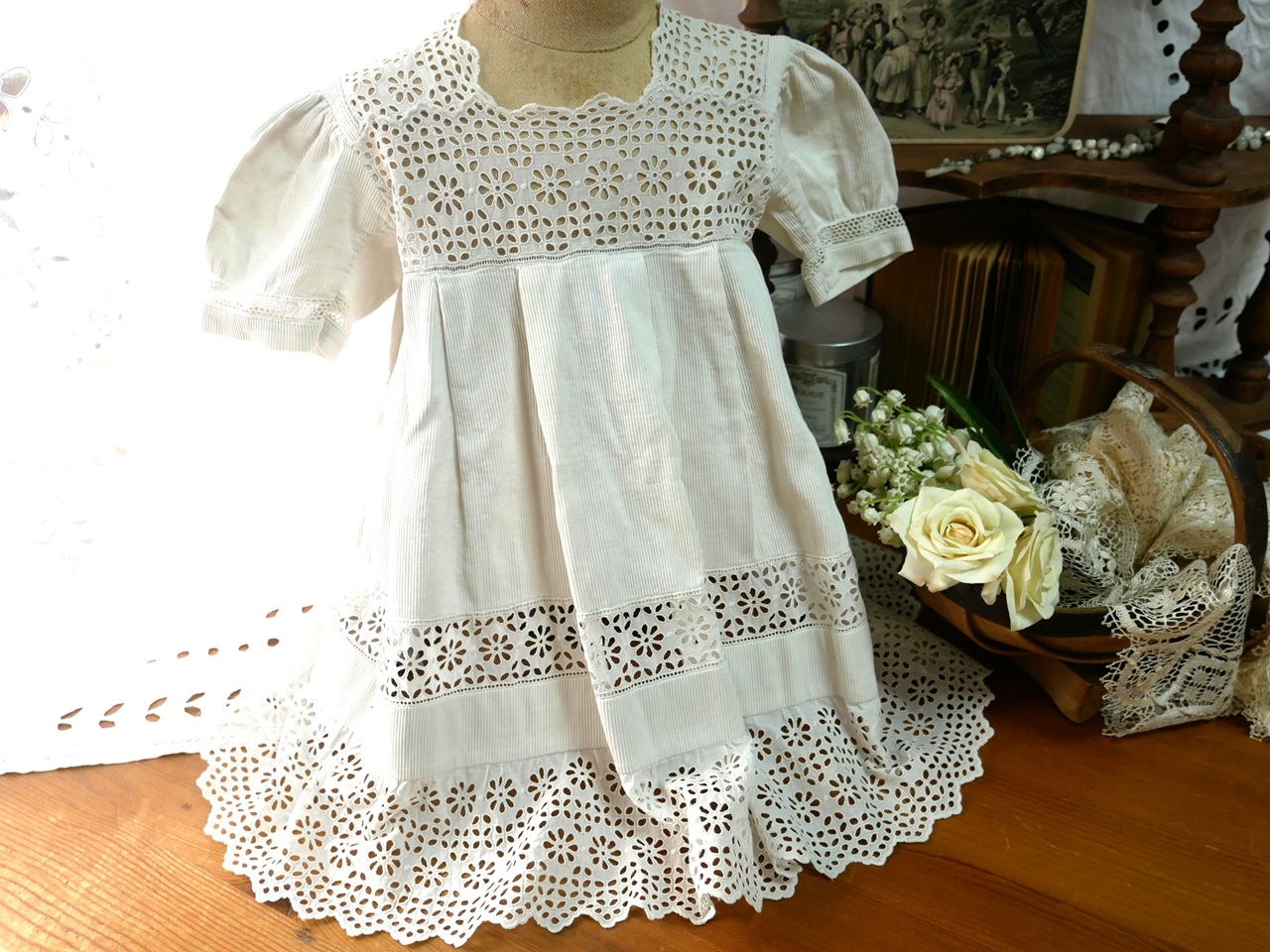 アンティークカットワークレース＆コーデュロイベビーワンピース