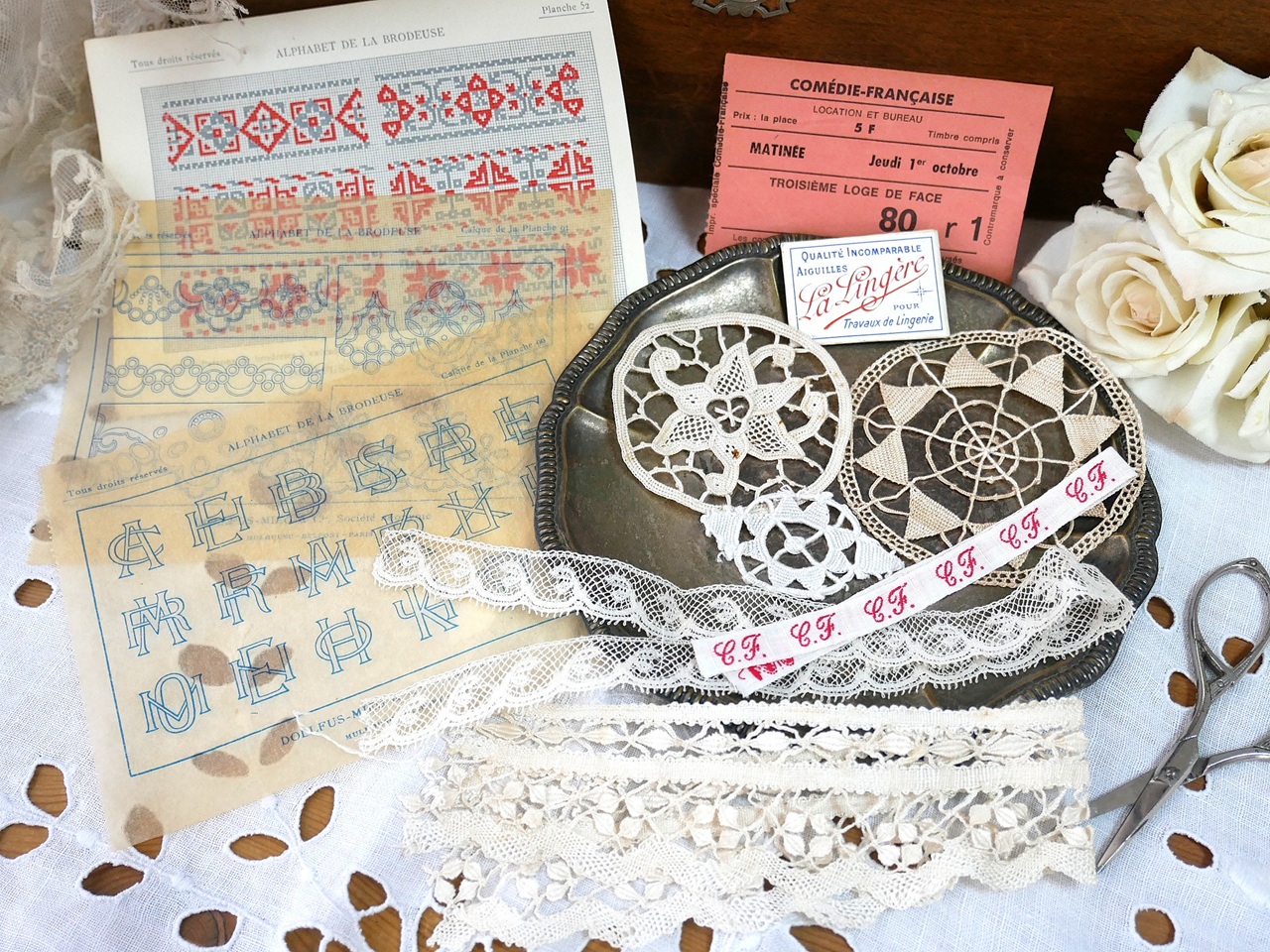 フランスアンティークレース＆刺繍図案アソート コラージュ用素材セットB