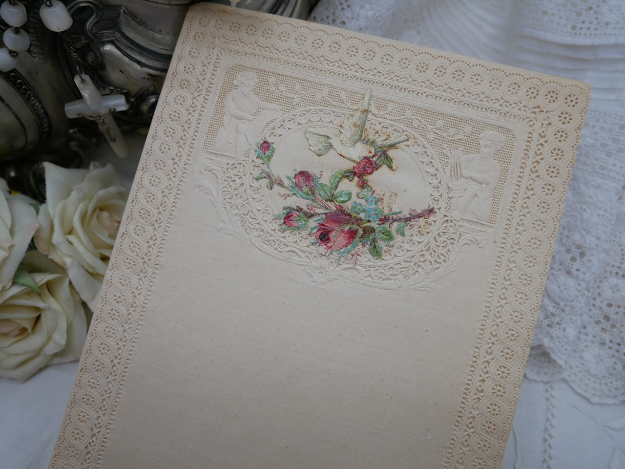 フランスアンティーク白鳩とバラのレターペーパーD