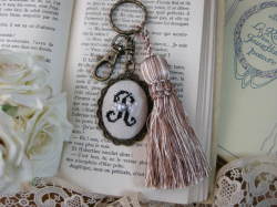 イニシャルクロスステッチとビーズ刺繍のタッセルキーホルダー（R）