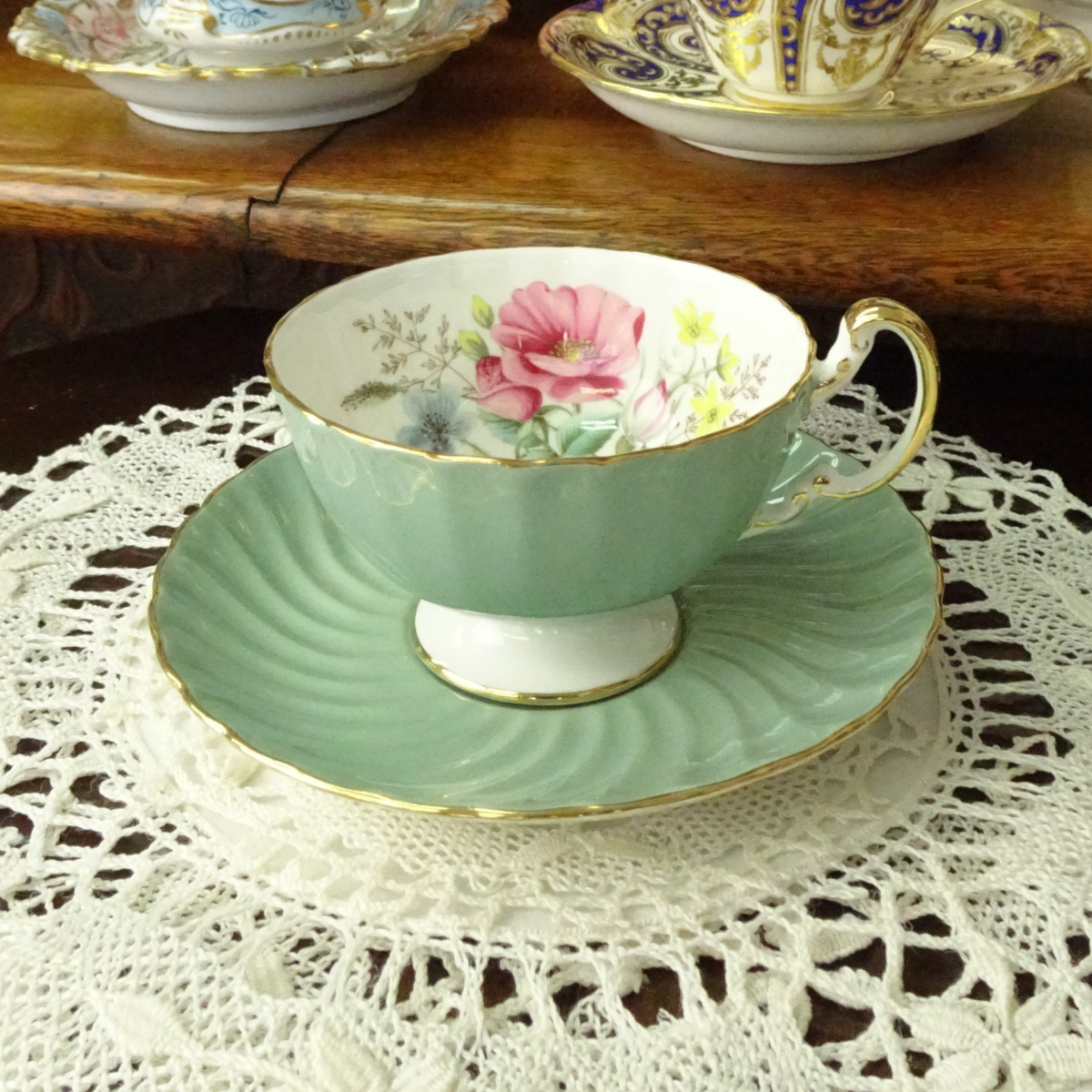 エインズレイ カップ＆ソーサー 花柄 グリーン ヴィンテージ