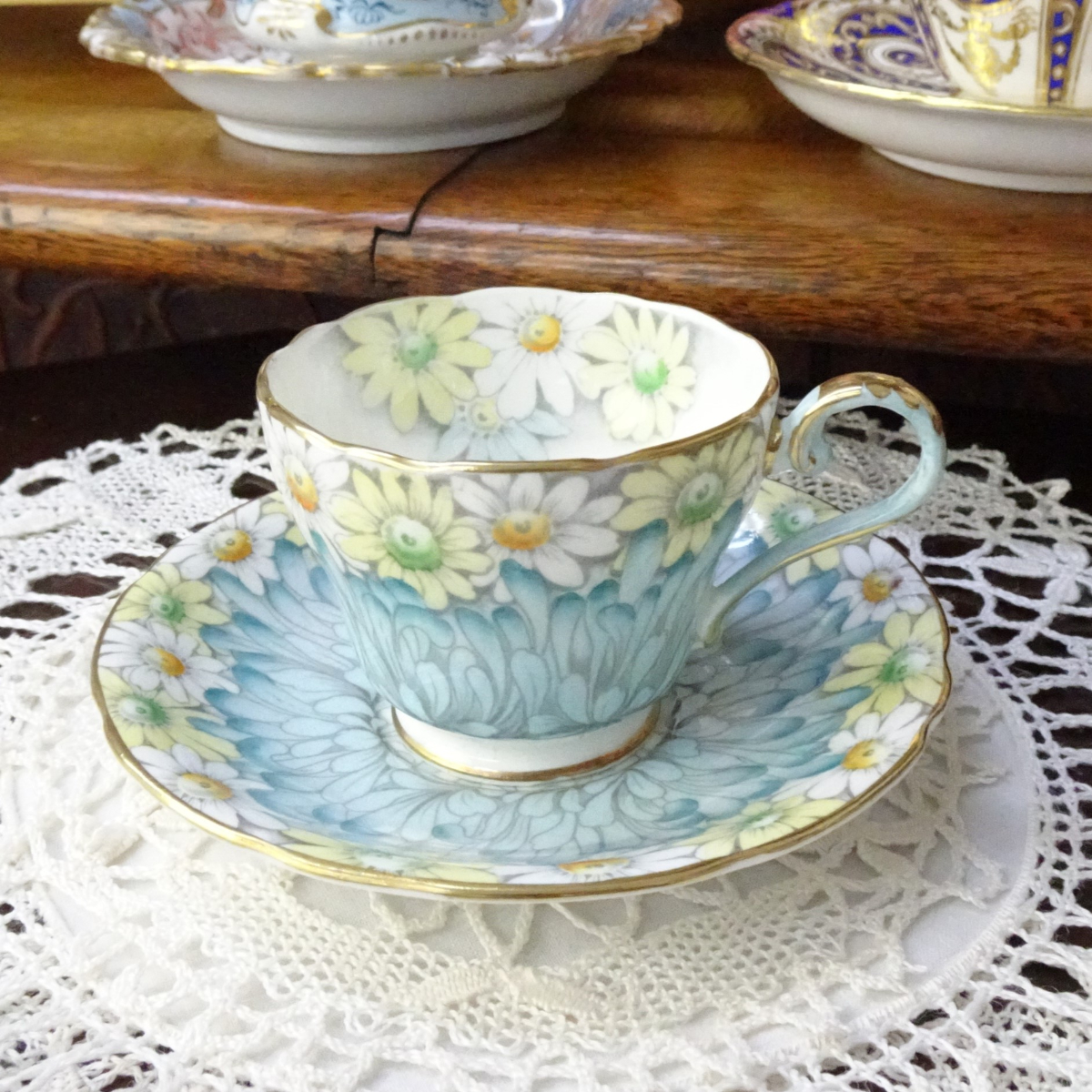 エインズレイ 英国製 カップ ソーサー　ブルー　デイジー 花柄 ヴィンテージ