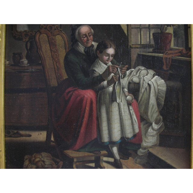 アンティーク 絵画】19世紀 英国 油絵 風俗画 少女に編みものを教える