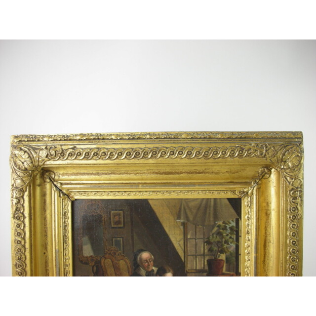 アンティーク 絵画】19世紀 英国 油絵 風俗画 少女に編みものを教える