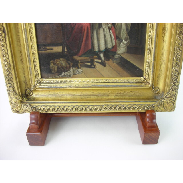 アンティーク 絵画】19世紀 英国 油絵 風俗画 少女に編みものを教える