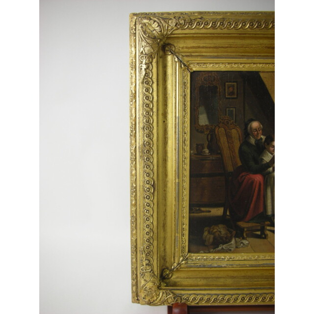 アンティーク　絵画 アンティーク 絵画】19世紀 英国 油絵 風俗画 少女に編みものを教える