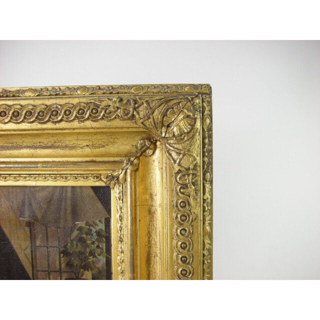 アンティーク 絵画】19世紀 英国 油絵 風俗画 少女に編みものを教える