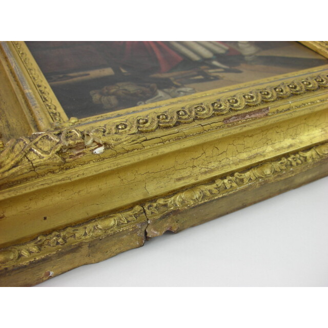 アンティーク 絵画】19世紀 英国 油絵 風俗画 少女に編みものを教える