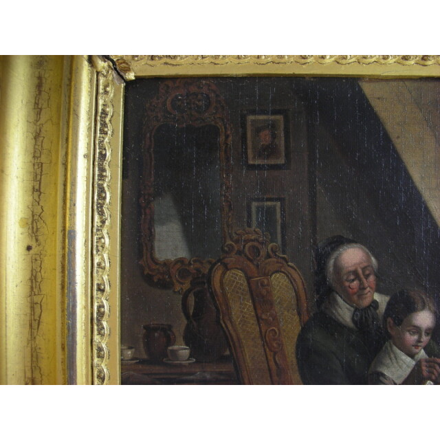 ＊ANTIQUE　/　アンティーク＊　★絵画　☆美品 アンティーク 絵画】19世紀 英国 油絵 風俗画 少女に編みものを教える