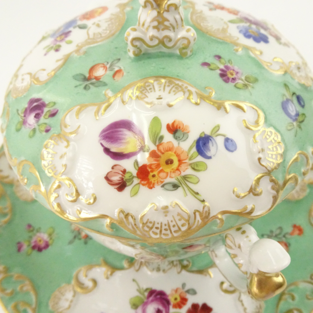 KPM ベルリン 蓋付き スープボウル 花文様 グリーン トレイ付き