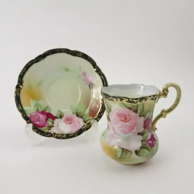 【希少】オールドノリタケ アールヌーボー様式 チョコレートカップ ソーサー オールドノリタケ 大輪の薔薇に金彩が艶やか チョコレートカップ