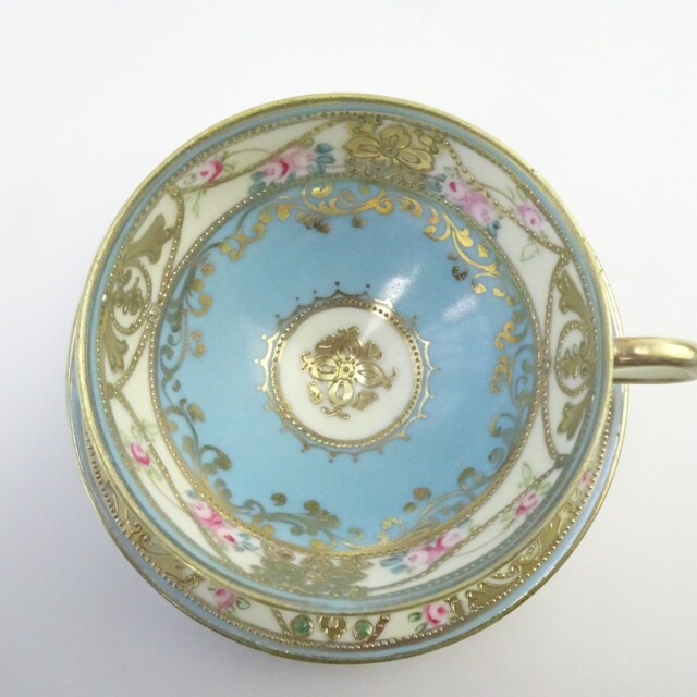 オールドノリタケ 金彩 薔薇 花柄 カップ＆ソーサーセット 水色 食器