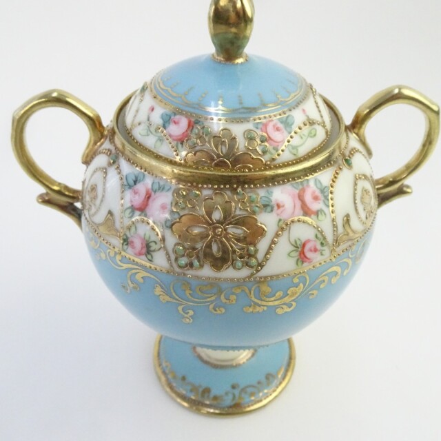 オールドノリタケ 金彩 薔薇 花柄 カップ＆ソーサーセット 水色 食器