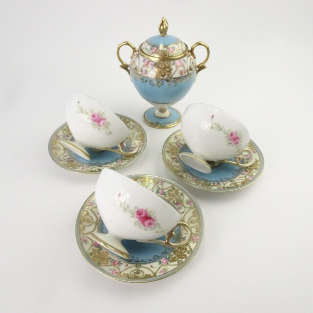 オールドノリタケ 金彩 薔薇 花柄 カップ＆ソーサーセット 水色 食器