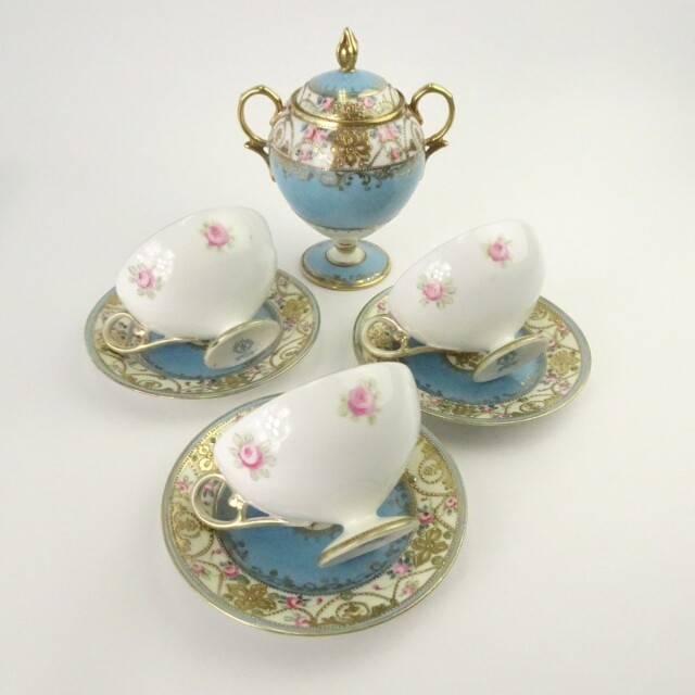 オールドノリタケ 金彩 薔薇 花柄 カップ＆ソーサーセット 水色 食器