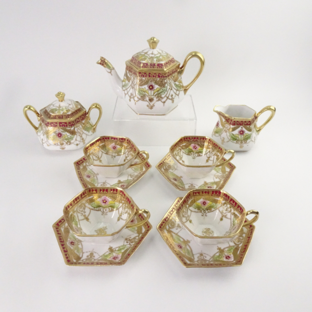 オールドノリタケ 金彩 花柄 六角形 ティーポット カップ＆ソーサーセット マルキ印