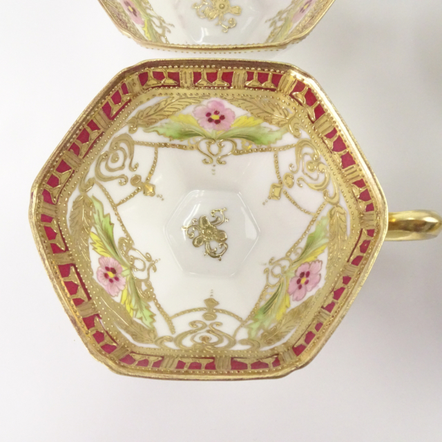 オールドノリタケ 金彩 花柄 六角形 ティーポット カップ＆ソーサーセット マルキ印