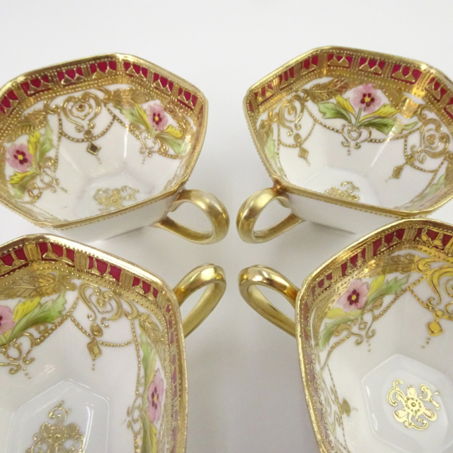 オールドノリタケ 金彩 花柄 六角形 ティーポット カップ＆ソーサーセット マルキ印