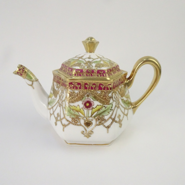 オールドノリタケ 金彩 花柄 六角形 ティーポット カップ＆ソーサーセット マルキ印
