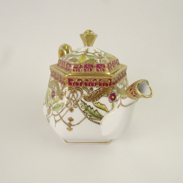 オールドノリタケ 金彩 花柄 六角形 ティーポット カップ＆ソーサーセット マルキ印