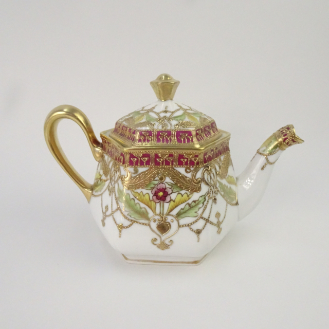 オールドノリタケ 金彩 花柄 六角形 ティーポット カップ＆ソーサーセット マルキ印