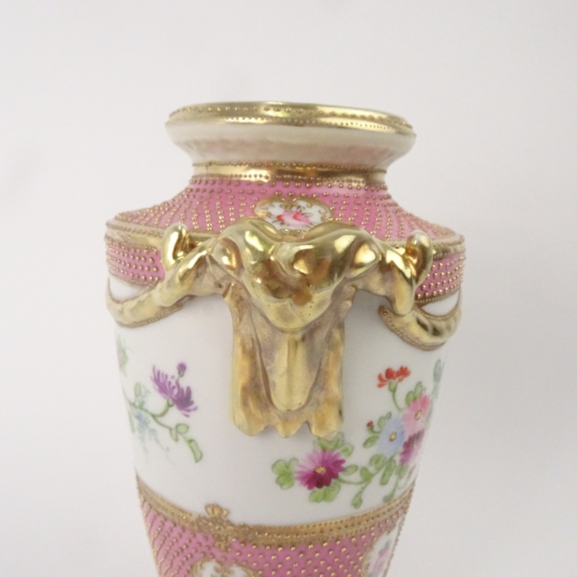 オールドノリタケ ピンク 花図 金彩 金点盛り 壺 花瓶