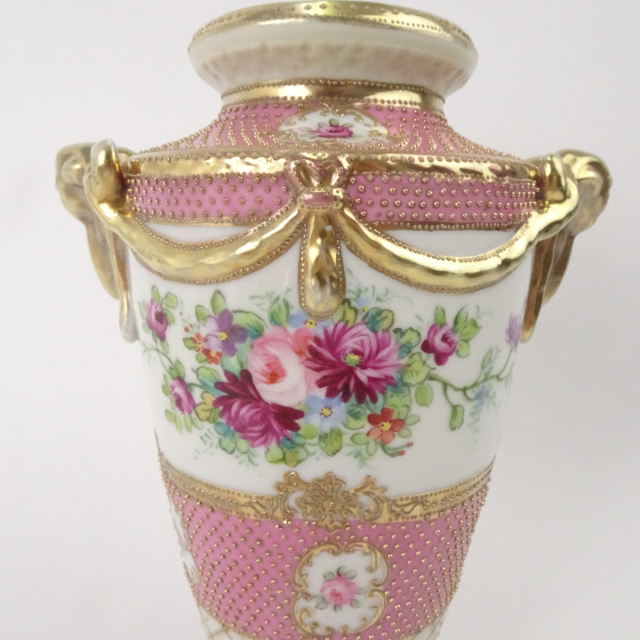 オールドノリタケ ピンク 花図 金彩 金点盛り 壺 花瓶