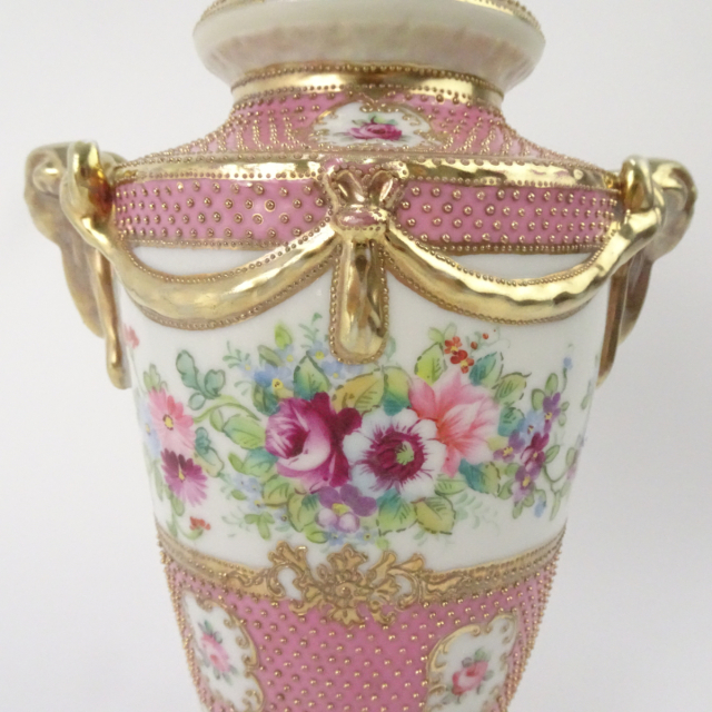 オールドノリタケ ピンク 花図 金彩 壺 花瓶