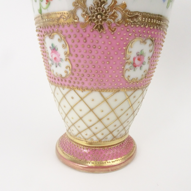 オールドノリタケ ピンク 花図 金彩 金点盛り 壺 花瓶