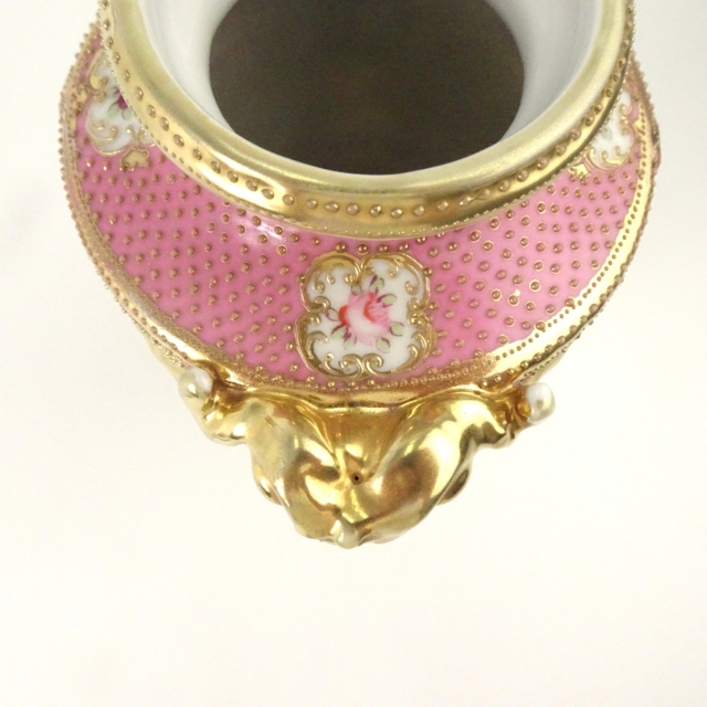 オールドノリタケ ピンク 花図 金彩 金点盛り 壺 花瓶
