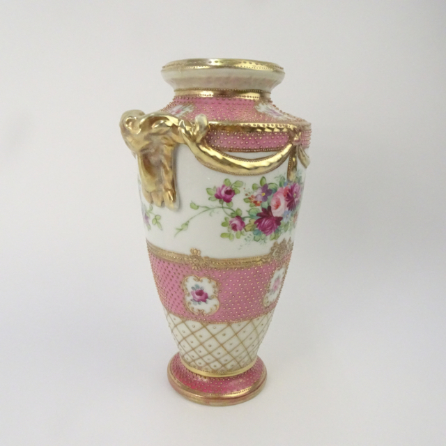 オールドノリタケ ピンク 花図 金彩 金点盛り 壺 花瓶