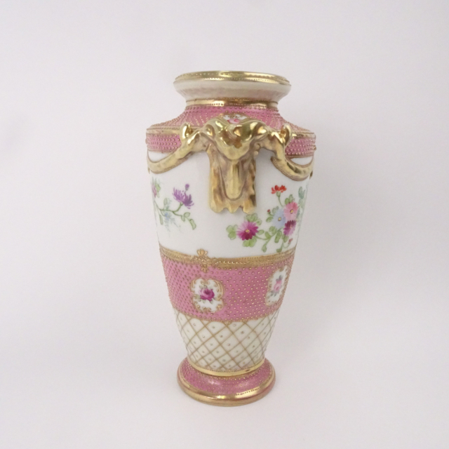 オールドノリタケ ピンク 花図 金彩 金点盛り 壺 花瓶