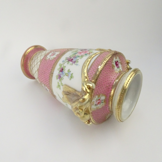 オールドノリタケ ピンク 花図 金彩 金点盛り 壺 花瓶