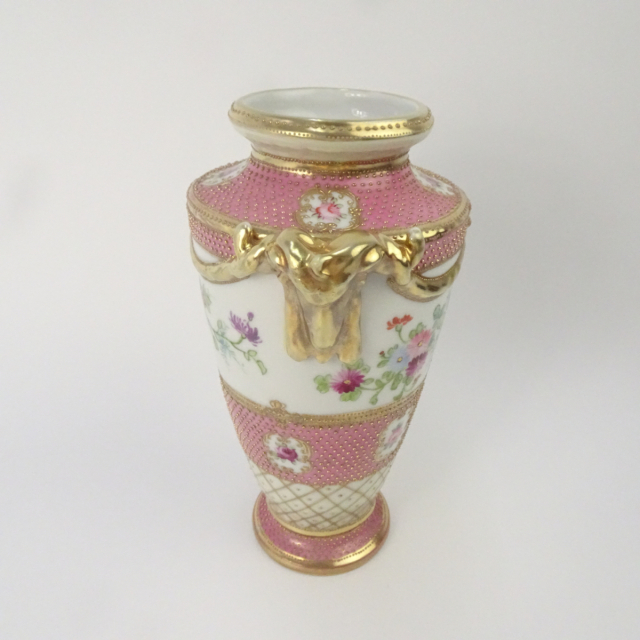 オールドノリタケ ピンク 花図 金彩 金点盛り 壺 花瓶