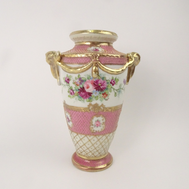 オールドノリタケ ピンク 花図 金彩 金点盛り 壺 花瓶