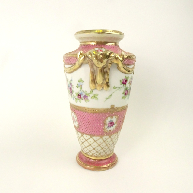 オールドノリタケ ピンク 花図 金彩 金点盛り 壺 花瓶