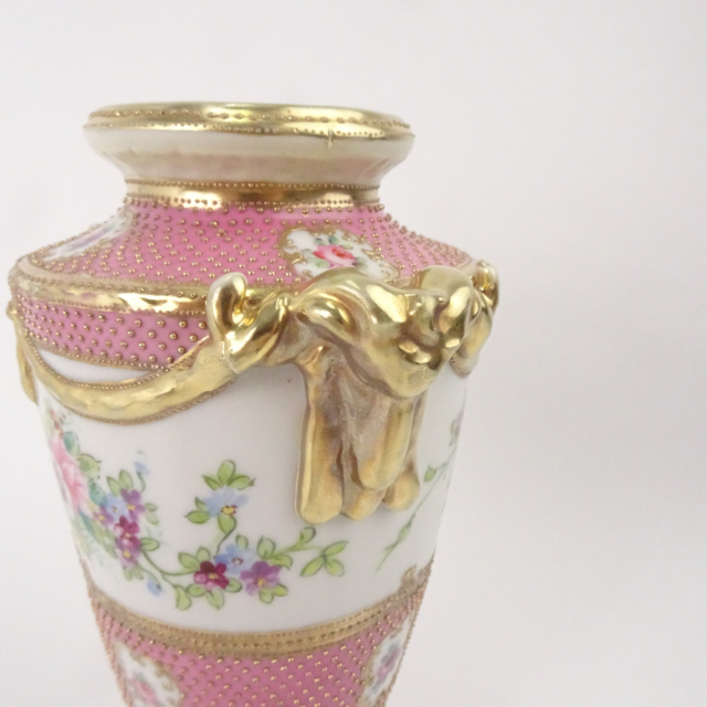オールドノリタケ ピンク 花図 金彩 金点盛り 壺 花瓶