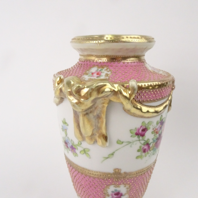 オールドノリタケ ピンク 花図 金彩 金点盛り 壺 花瓶