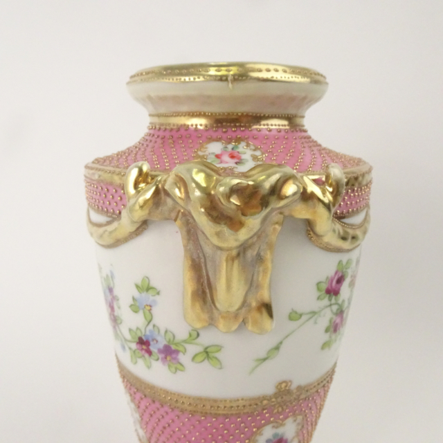 オールドノリタケ ピンク 花図 金彩 金点盛り 壺 花瓶